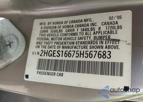 2005 Honda Civic Lx z USA, uszkodzony, nr VIN 2HGES16675H567683
